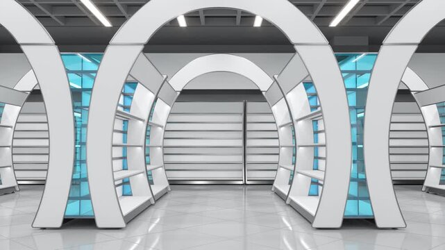 Sliding motion along an aisle between rows of curved gondola shelving beneath arched banners in a modern retail store. 3d animation