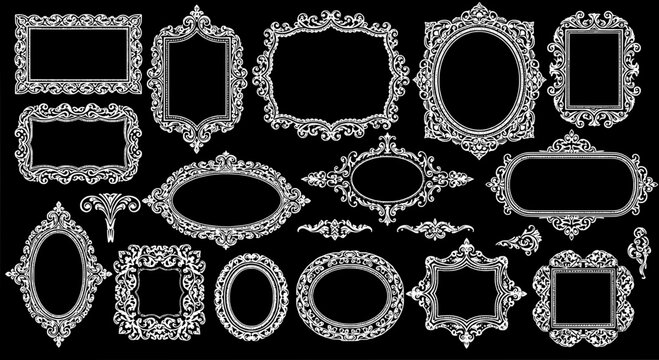 Frames ornate vintage set with white ornamental borders and black backgrounds for photo or artwork display