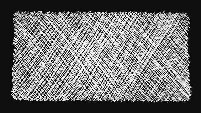 Animated White Pencil Scribble Texture Loop on Black Background. White hand-drawn scribbles and cross-hatching covering. Gritty aesthetic for edgy titles, an artistic overlay for music videos. 