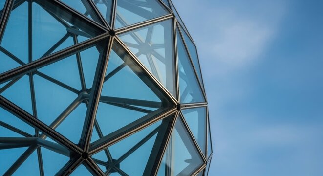 Geodesic dome architecture. Glass triangle panels and steel frame against clear blue sky. Modern design.