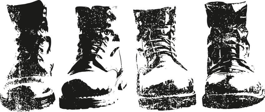 Four rugged combat boots standing in a row, detailed worn leather and laces in high contrast black and white