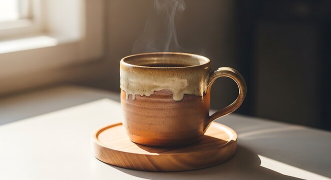 A steaming ceramic mug of hot coffee resting on a wooden coaster in soft morning window sunlight. canecas
