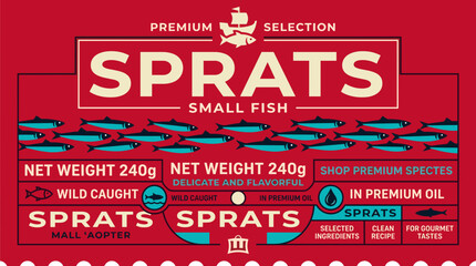 Fototapeta premium Premium selection sprats small fish packaging design label in SVG vector format for food products