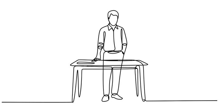A single continuous line drawing of a professional man standing behind a simple office desk.