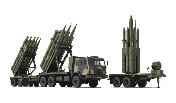 Surface to air missile system with mobile launcher truck and anti aircraft defense unit vector illustration.