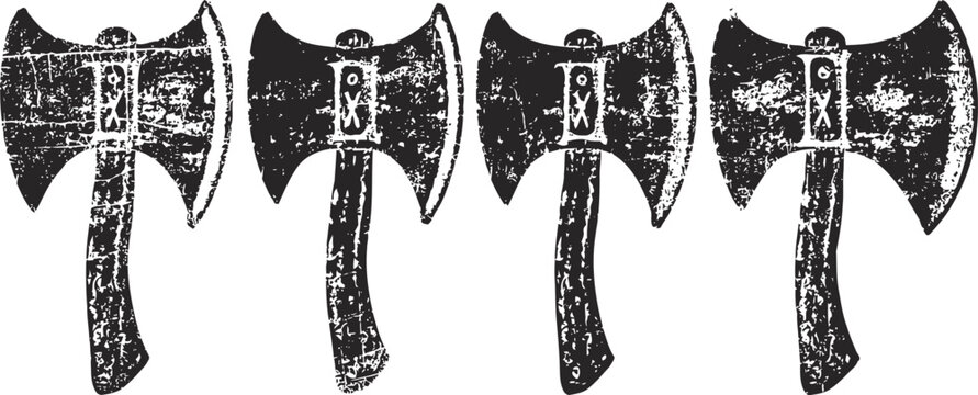 Set of four vintage double bladed axes illustrations in rough grunge