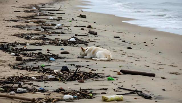 A dog lies on a polluted beach with trash and debris scattered everywhere.