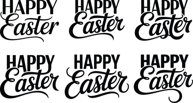 Happy Easter calligraphy lettering set, elegant black script typography collection, 6 vector greeting phrases for holiday cards and seasonal decor