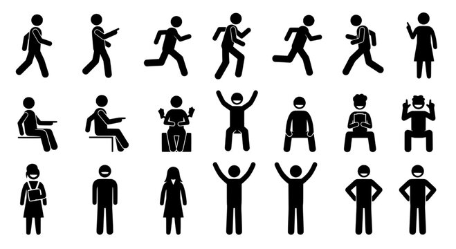 Stick figures icon set with various poses and actions in black silhouettes on white background featuring people, pictograms, flat design with simple