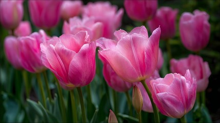 Obraz premium Bright pink tulips, open wide, show spring's calm in a soft garden light.
