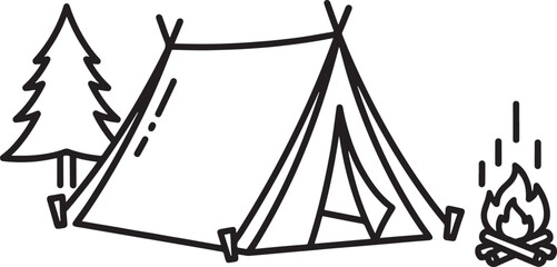 Fototapeta premium Black and white line of camping essentials and tent setup