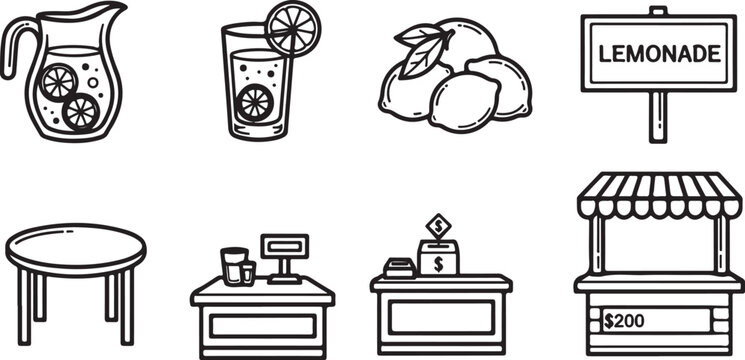 Various tools and supplies laid out on a table for a lemonade stand Vector