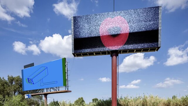 billboards with CCTV camera eyes lips 