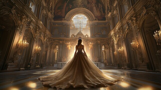 Golden gown crown and palace interior