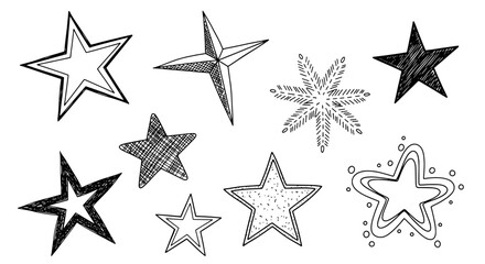 Obraz premium Stars hand drawn set with black and white illustrations, various textures and patterns, doodle style, abstract shapes.