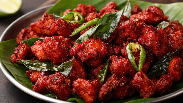 Chicken 65 fried pieces, vibrant red color, garnish curry leaves