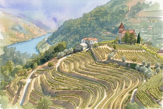 Watercolor painting of Douro Valley in Portugal. Scenic terraced vineyards, river, and a traditional wine estate (Quinta Vinhateira) on a hill.