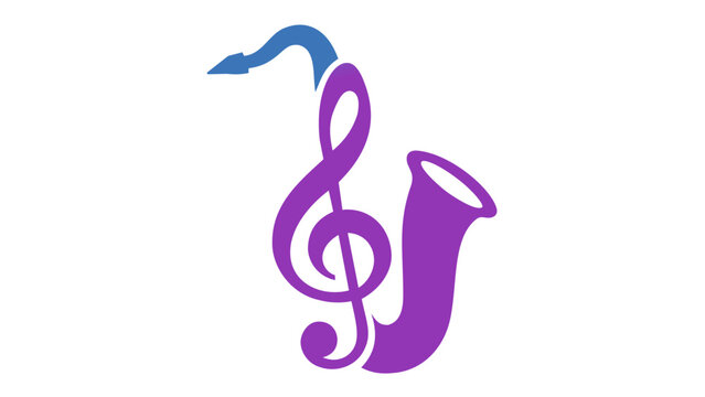 Modern vector icon illustration of a stylized saxophone combined with a treble clef musical note, featuring a vibrant blue and purple gradient design for jazz, blues, music apps, and playlists.