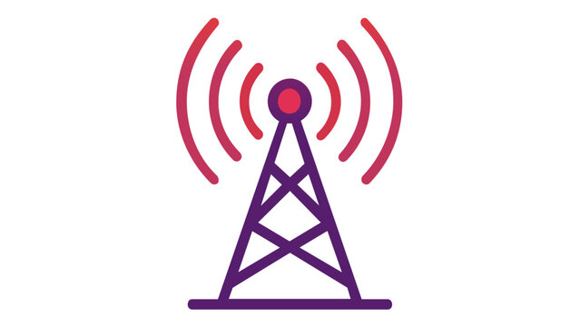 Vibrant gradient radio tower vector icon illustration with signal waves, representing telecommunications, broadcasting, wireless connectivity, and network transmission on a white background.