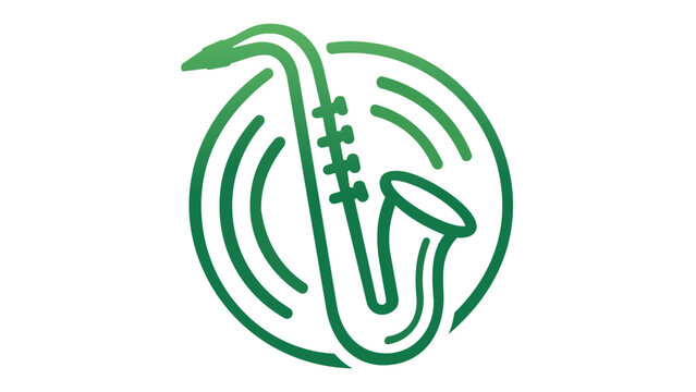 Green gradient saxophone vector icon illustration featuring sound waves within a circular frame. Minimalist flat design perfect for music playlists, jazz festivals, or audio app interfaces.