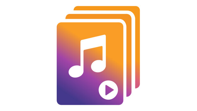 Vector illustration of a music library icon featuring a stack of audio files with a musical note and play button symbol in a vibrant purple and orange gradient, minimalist flat design.