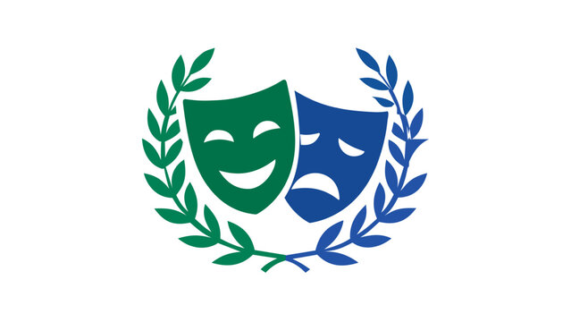 Theater Comedy and Tragedy Masks Vector Icon Illustration with Laurel Wreath, Professional Drama and Performance Arts Symbol, Minimalist Green and Blue Gradient Design, AI-Generated Graphic.