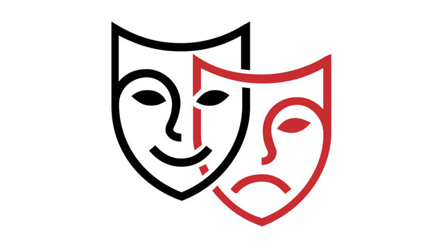 Minimalist vector illustration of comedy and tragedy theater masks in black and red line art. Scalable icon representing drama, performance, stage acting, entertainment, and human emotions.