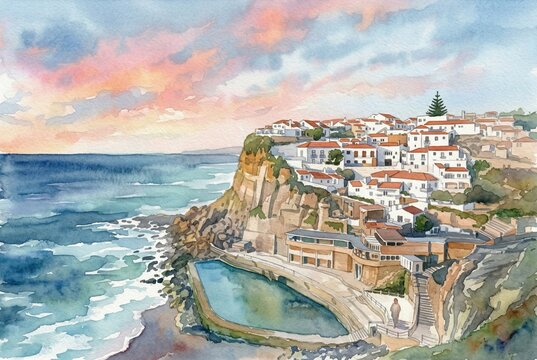 Watercolor painting of Azenhas do Mar (Azenhas do Mar) village on a cliff with a natural swimming pool and Atlantic Ocean at sunset in Sintra, Portugal.