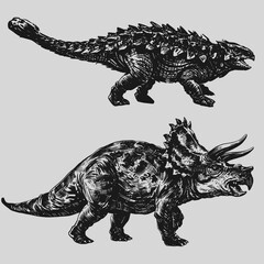 Black and white engraving style illustration of dinosaurs: triceratops and ankylosaurus, detailed linework, vintage texture, isolated on light background. Perfect for prints, posters and design. © Aneta