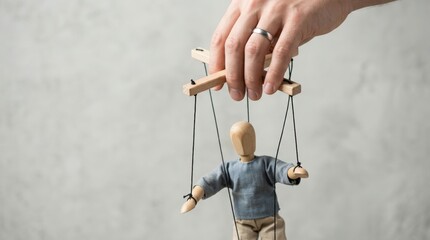 Hand of man holding wooden marionette puppet with strings. Concept of control, influence, manipulation, management and power. Business leadership metaphor and corporate decision making.