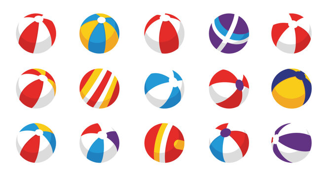 Large set of colorful inflatable beach balls with various striped patterns for summer vacation and poolside holiday themes for families.
