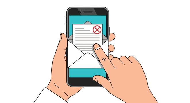 Smartphone screen showing an unread email with a red cancel icon being touched by a finger in a concept of junk mail or spam messages alert.