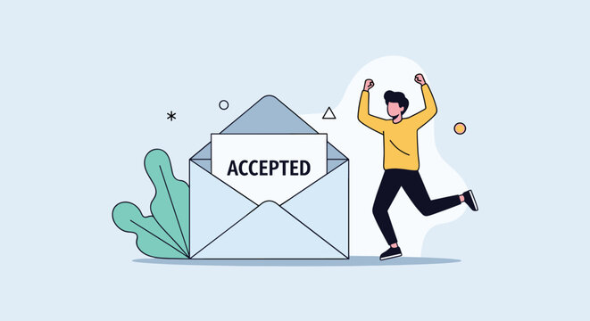 Happy young man celebrating with arms raised next to a large blue envelope containing a printed accepted notification letter for university.