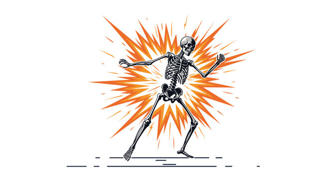 Dramatic illustration of a human skeleton struck by a bright orange electric bolt or high voltage lightning explosion effect for safety warnings.