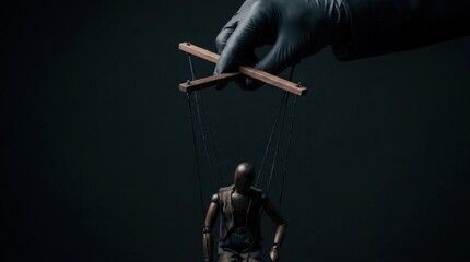 Hand in black glove controlling wooden marionette. Puppet master strings pulling puppet on dark background. Symbol of manipulation, influence, and lack of human free will. Bad boss concept.
