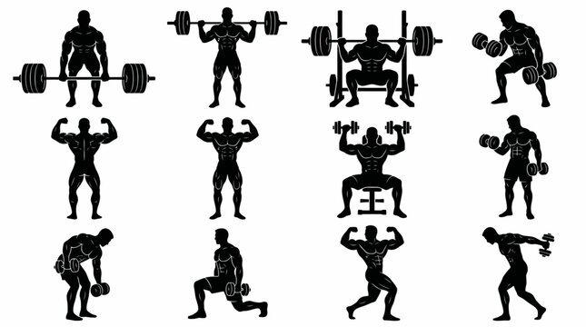 Silhouettes of men performing various weightlifting and bodybuilding exercises with barbells and dumbbells, illustrating strength training.