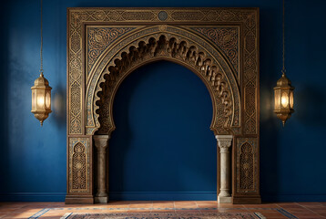 Obraz premium Intricate Islamic archway with ornate details and lanterns, Arabic cultural background design