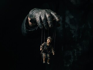 Man wearing glove holding vintage marionette. Concept of control and manipulation. Puppet dangling from strings against dark background. Symbol of influence, power and social psychology.