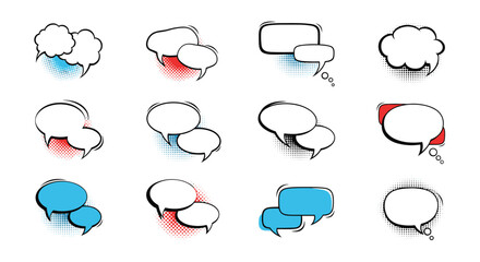 Obraz premium Collection of blank comic speech bubbles and thought clouds featuring halftone shadow effects on a white background for design.