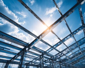 Fototapeta premium Steel framework construction against blue sky with sunlight modern industrial architecture concept