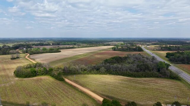 Aerial footage of homes, trees and grass in Ashburn Georgia USA