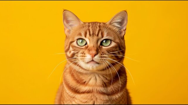 A Close-up Studio Portrait of an Orange Tabby Cat With Striking Green Eyes Against a Vibrant Yellow Background.