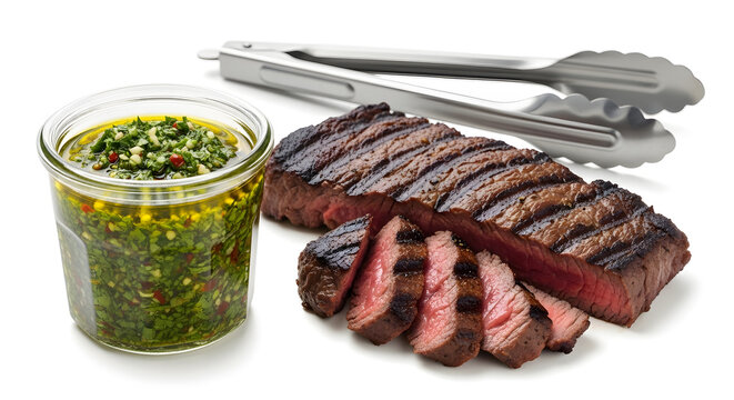 A delicious grilled steak with chimichurri sauce and tongs on a white background