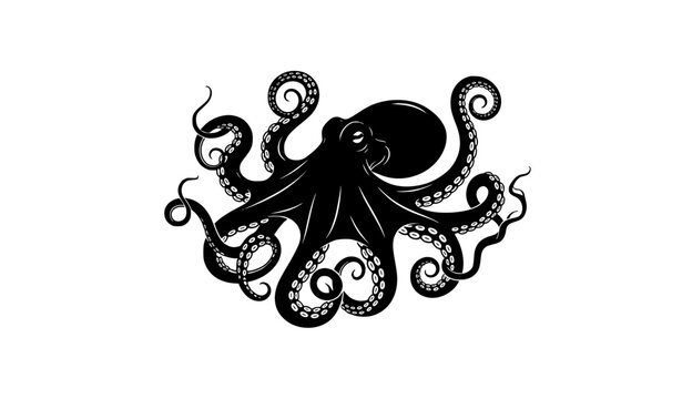 Octopus silhouette vector with curled tentacles and visible suckers black and white ocean animal illustration