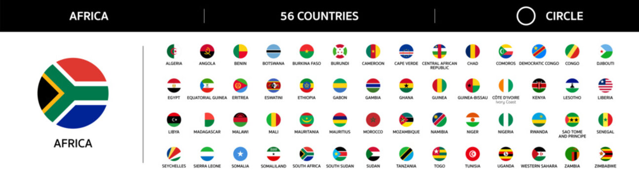 Flags of countries of Africa continent. Set of all national round flags of African 56 states icon in circle