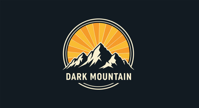 Vintage style circular logo design featuring a silhouette of a mountain range with a bright sunburst background and the name Dark Mountain.
