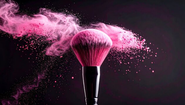 Pink makeup brush exploding in a cloud of powder