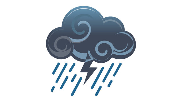 Professional vector illustration of a dark blue thunderstorm cloud with rain droplets and a lightning bolt, minimalist flat icon for weather forecasting, meteorology, and seasonal climate apps.