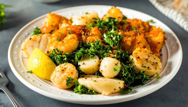 Plate of seasoned seafood and potatoes with kale