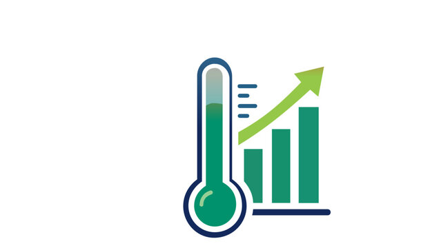 Vector icon illustration of a thermometer next to a rising bar chart and arrow, symbolizing global warming, climate change, increasing temperatures, heat waves, and weather data analysis.